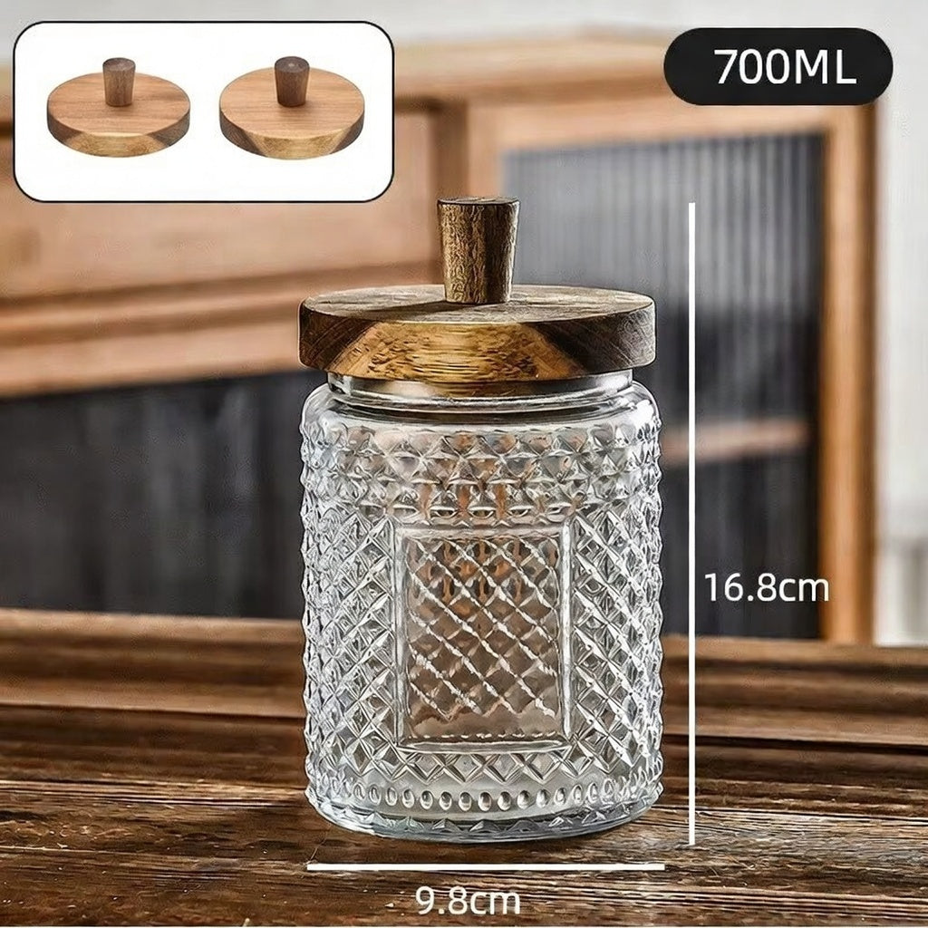 Nestify™ Vintage Embossed Glass Storage Jar | Sealed Tea Container with Wooden Lid