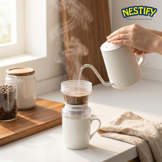 Nestify™ Crystal Eye Travel Coffee Brewer – 300ml Portable 2-in-1 Mug & Dripper for Pour-Over Coffee (Stainless Steel)