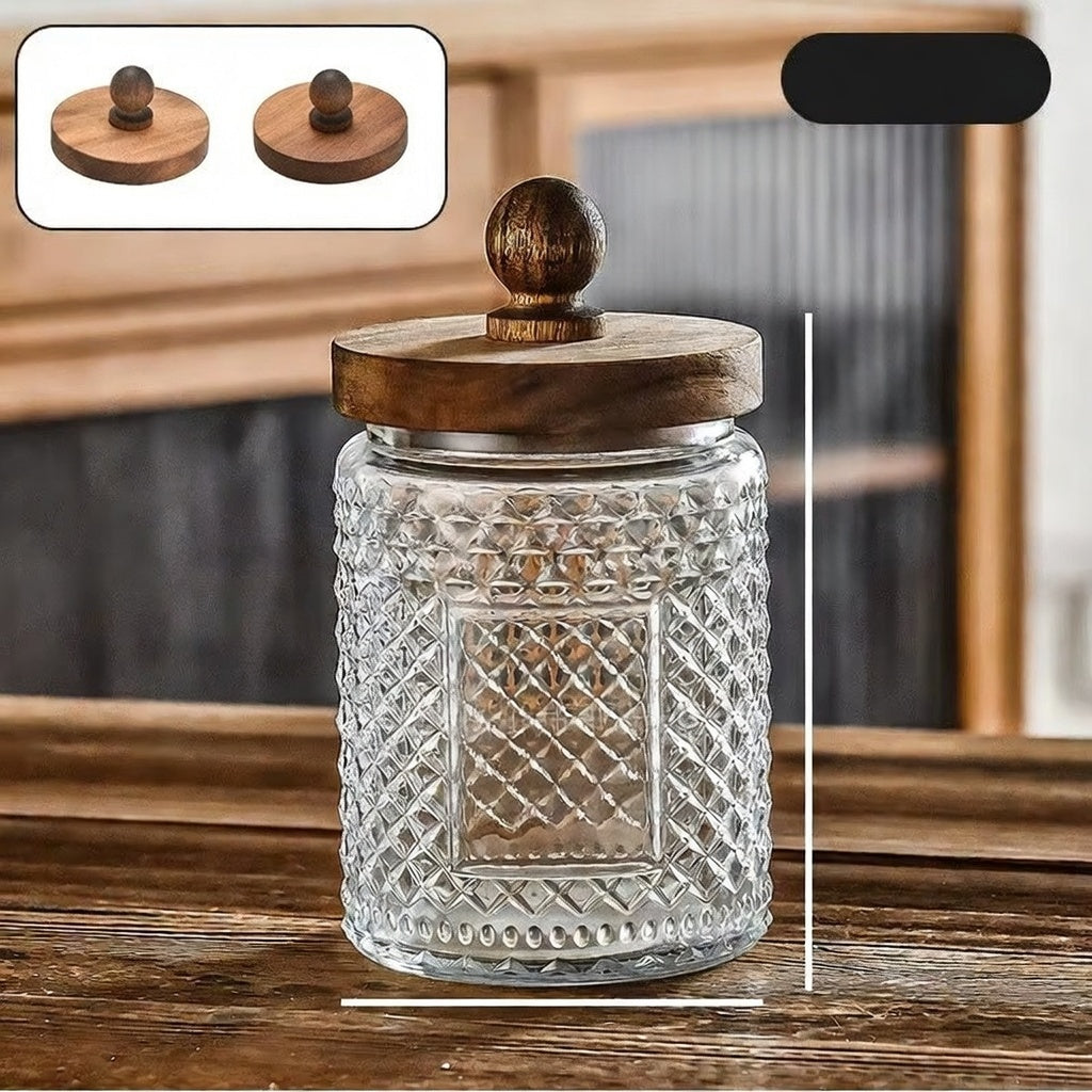 Nestify™ Vintage Embossed Glass Storage Jar | Sealed Tea Container with Wooden Lid