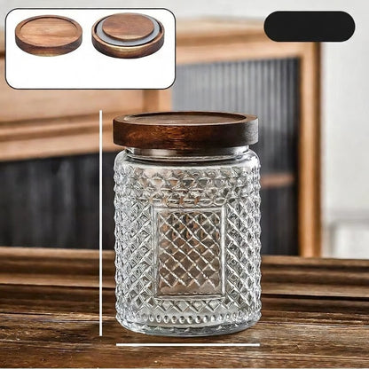 Nestify™ Vintage Embossed Glass Storage Jar | Sealed Tea Container with Wooden Lid
