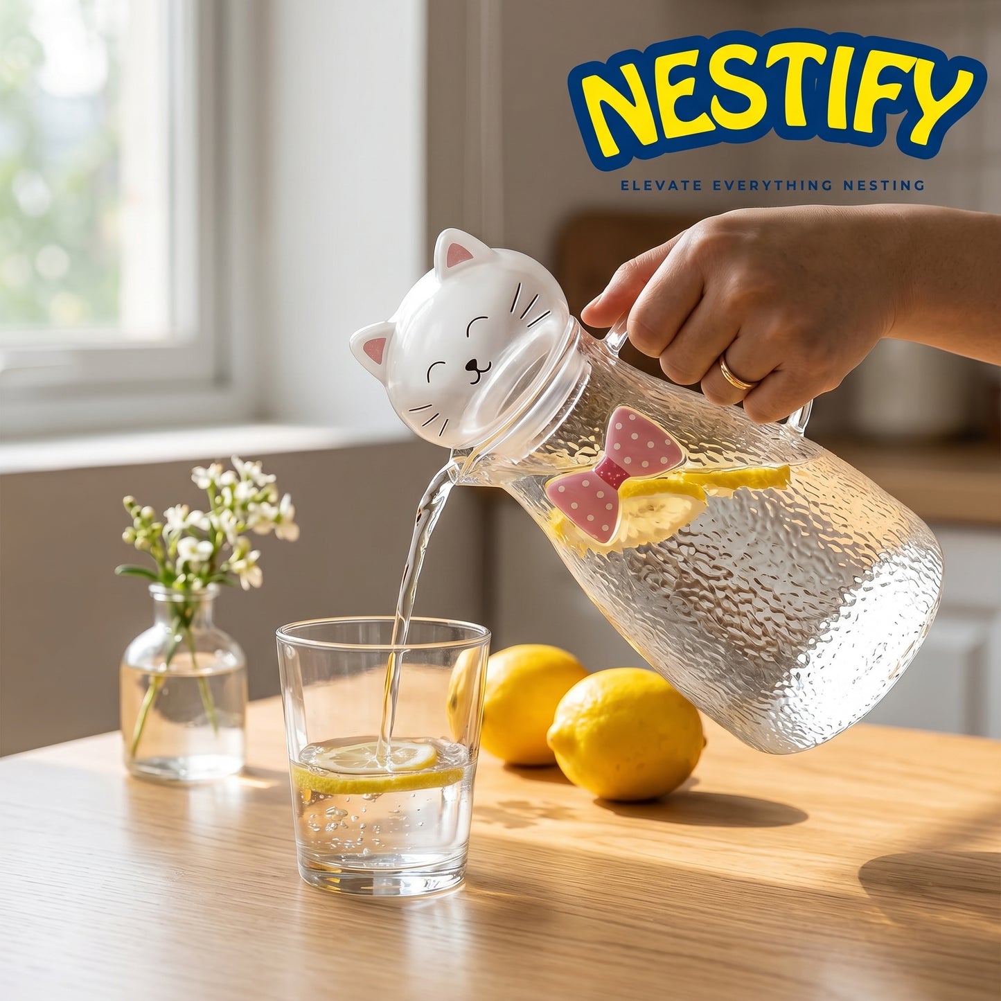 Nestify™ Cute Cat Hammered Glass Water Jug – 1800ml Heat‑Resistant Pitcher with Bow‑Tie Design