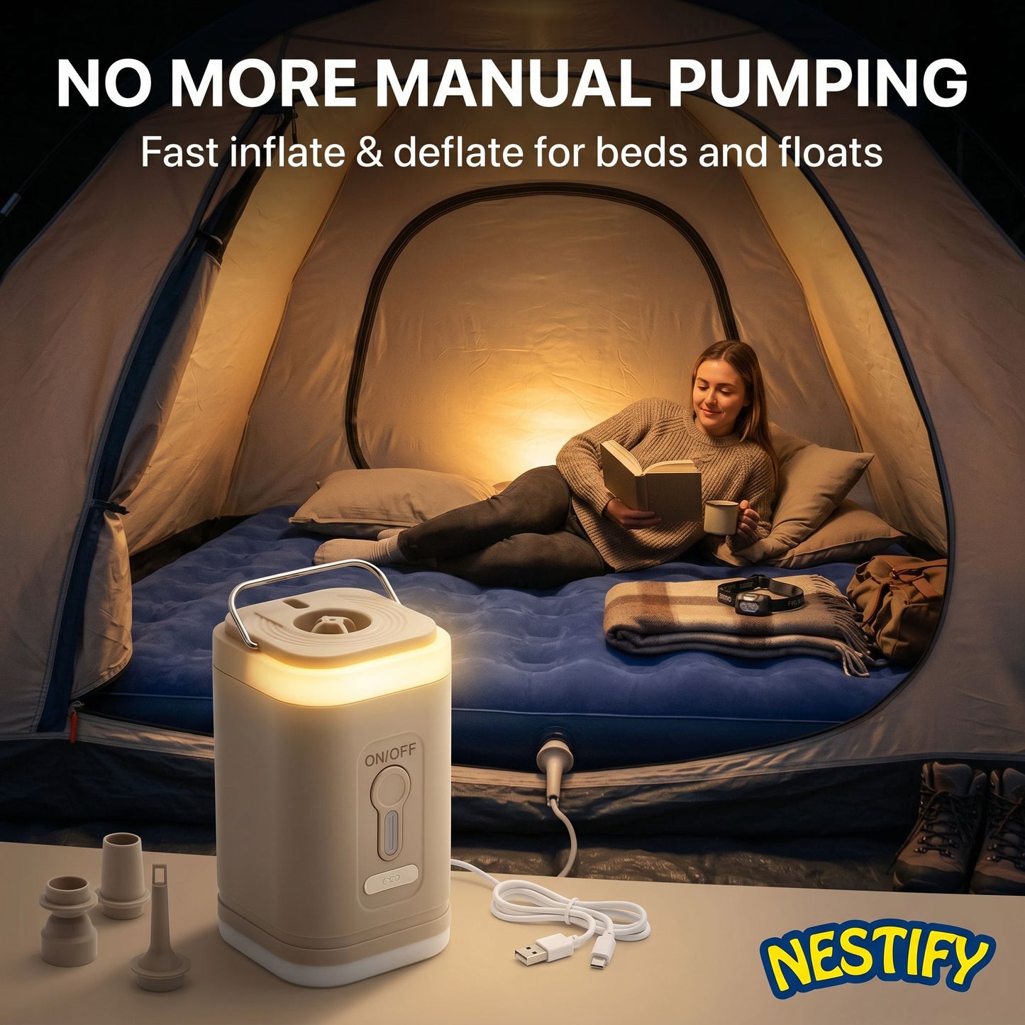 Nestify 3‑in‑1 Mini Electric Air Pump with Lantern