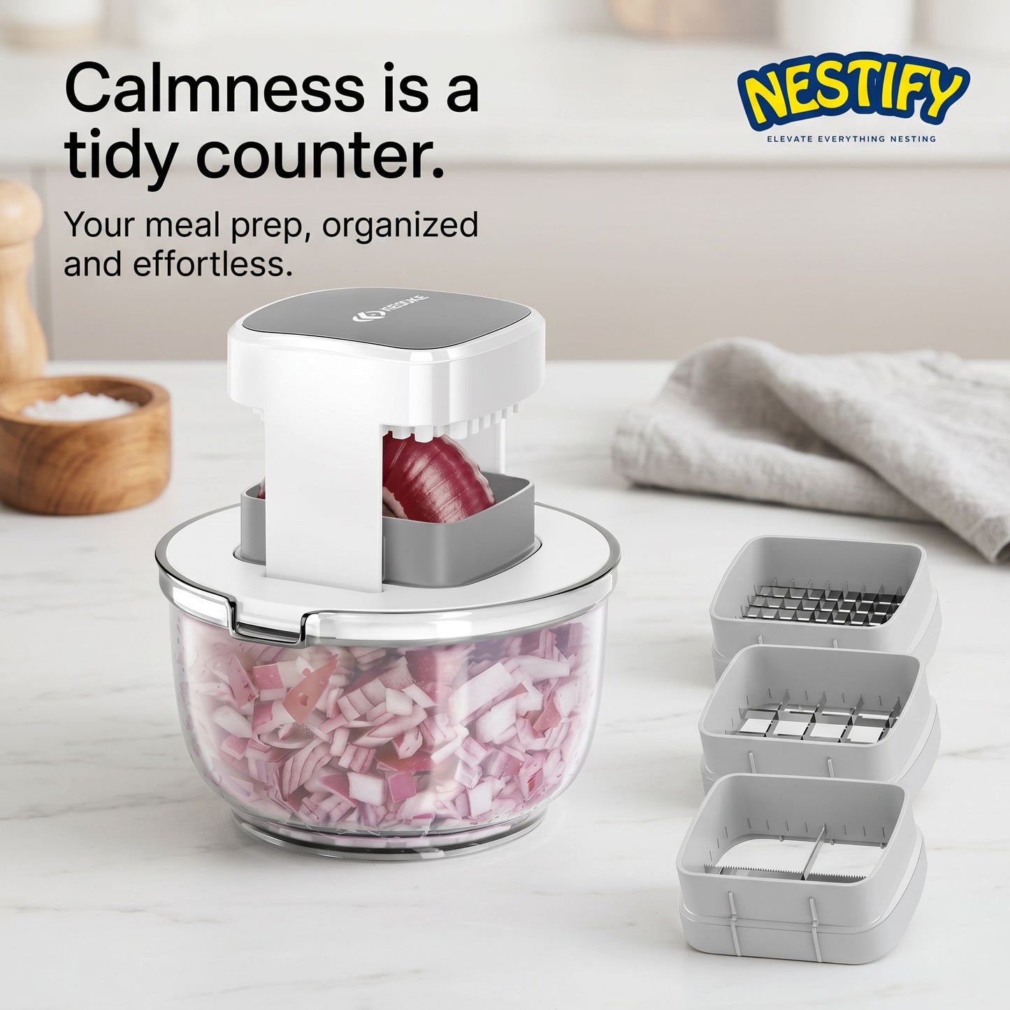 Nestify 3‑Blade Vegetable Chopper Bowl & French Fry Cutter