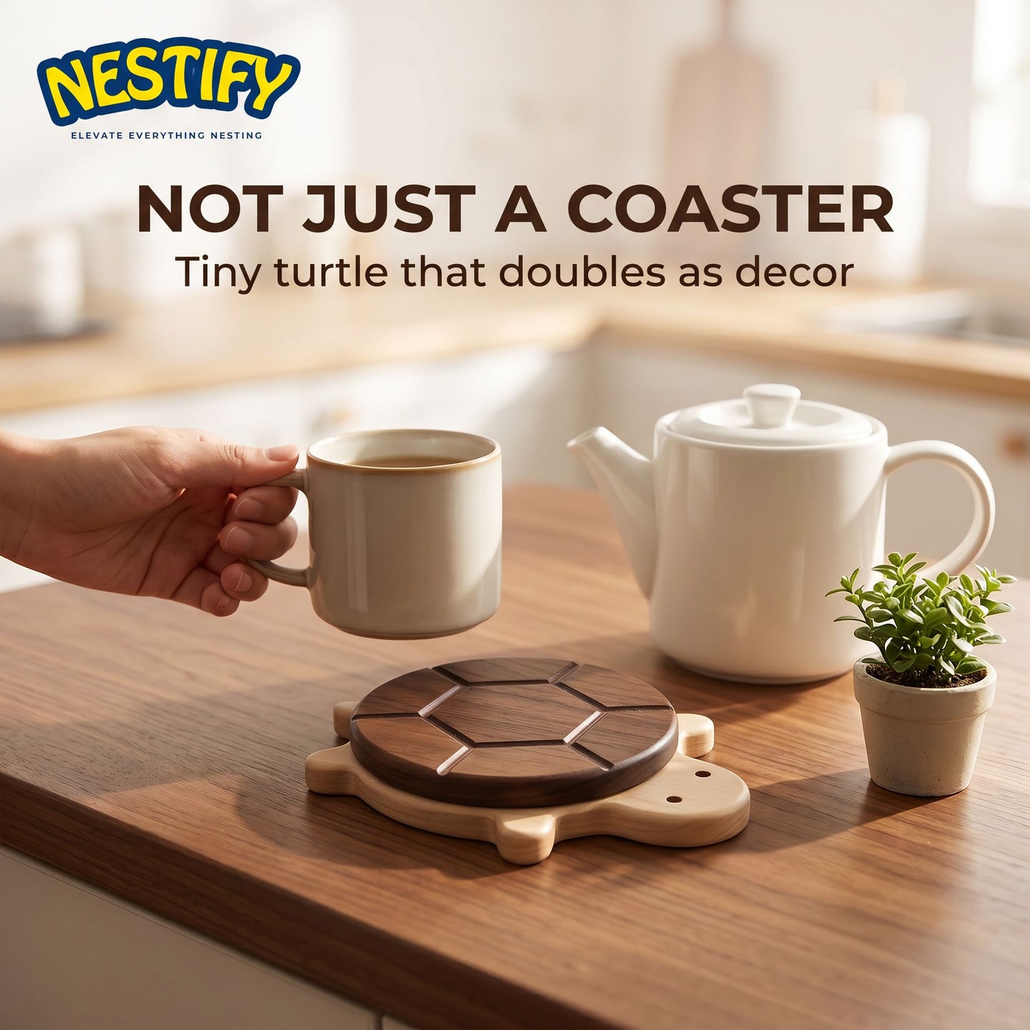 Nestify Cute Turtle Solid Wood Coaster – Black Walnut Heat‑Protect Mat