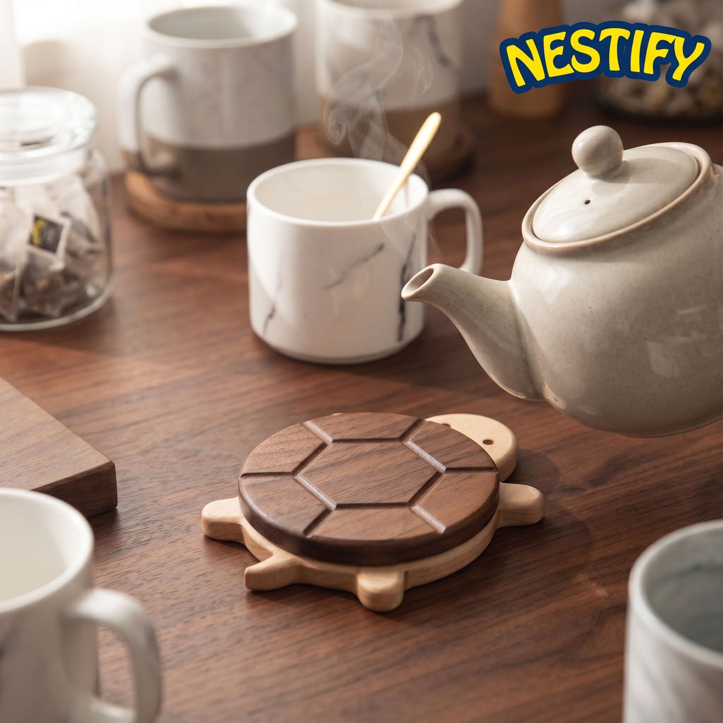 Nestify Cute Turtle Solid Wood Coaster – Black Walnut Heat‑Protect Mat