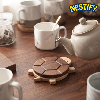 Nestify Cute Turtle Solid Wood Coaster – Black Walnut Heat‑Protect Mat