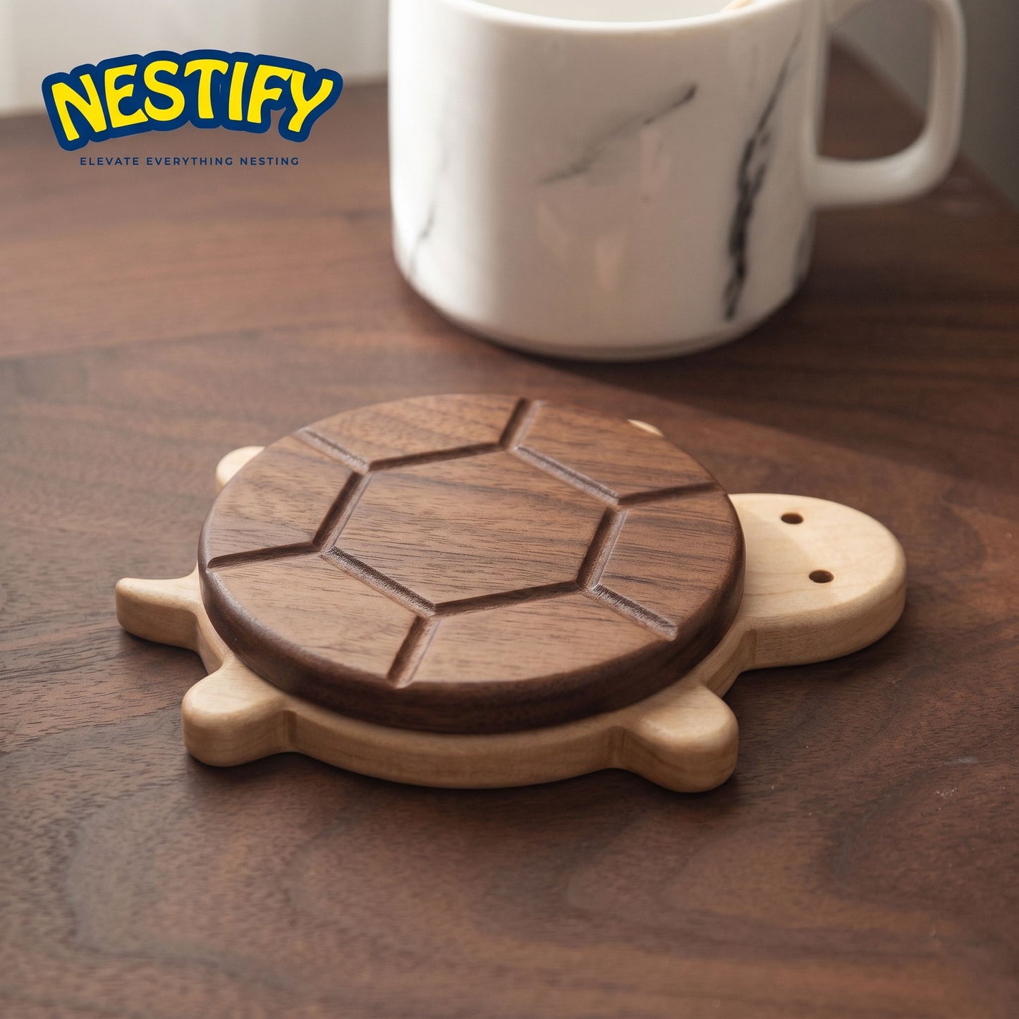 Nestify Cute Turtle Solid Wood Coaster – Black Walnut Heat‑Protect Mat