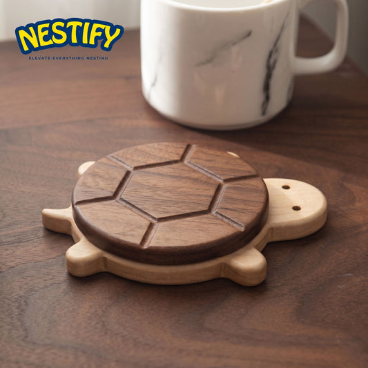 Nestify Cute Turtle Solid Wood Coaster – Black Walnut Heat‑Protect Mat