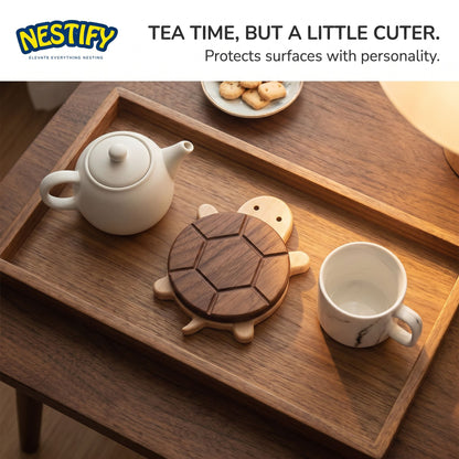 Nestify Cute Turtle Solid Wood Coaster – Black Walnut Heat‑Protect Mat