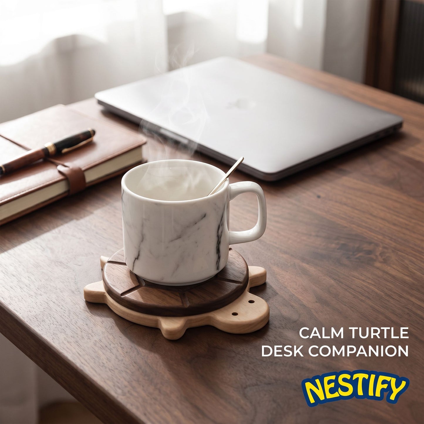 Nestify Cute Turtle Solid Wood Coaster – Black Walnut Heat‑Protect Mat