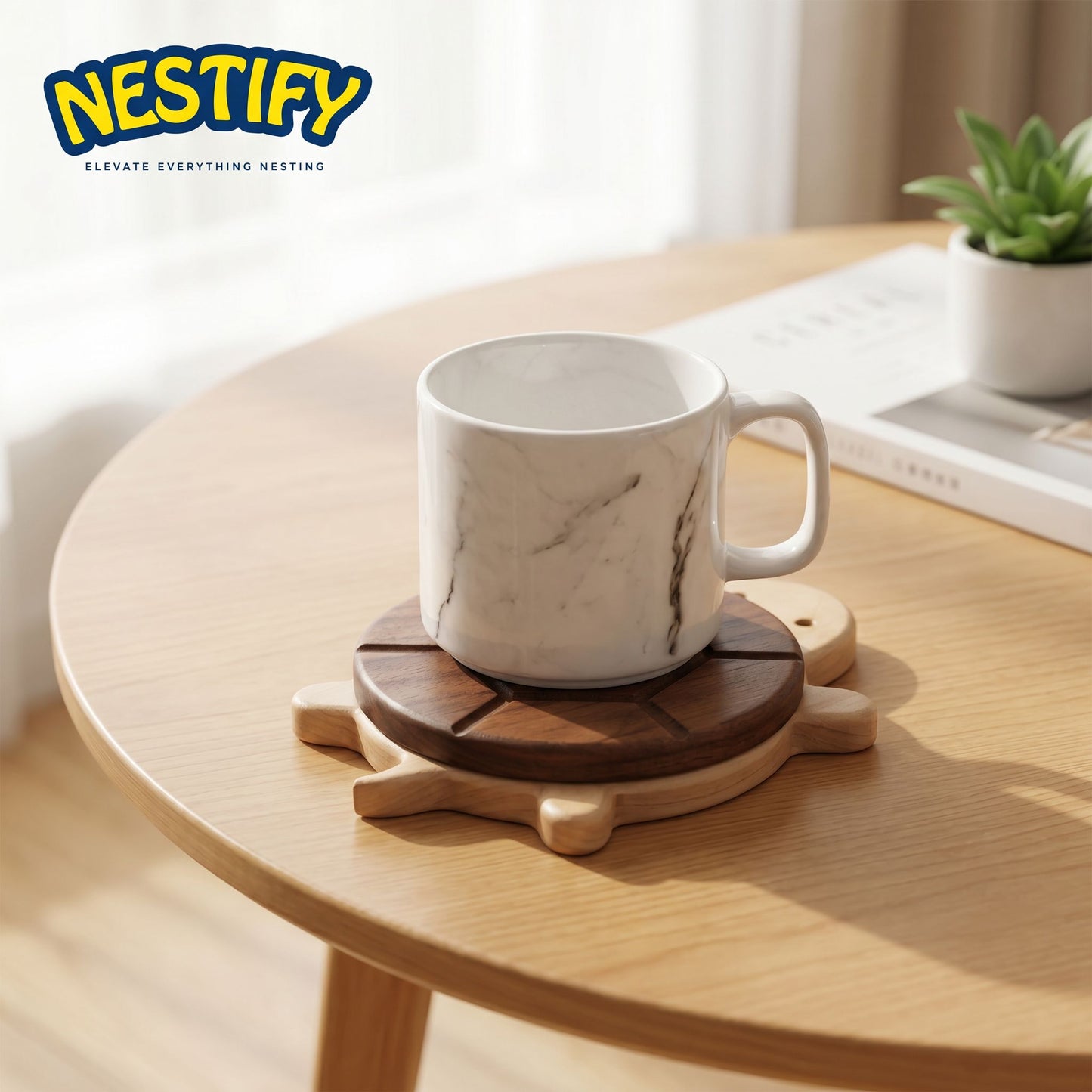 Nestify Cute Turtle Solid Wood Coaster – Black Walnut Heat‑Protect Mat