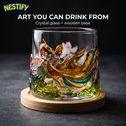 Nestify Koi Fish Lotus Rotatable Glass Mug – Embossed Whiskey & Cocktail Cup
