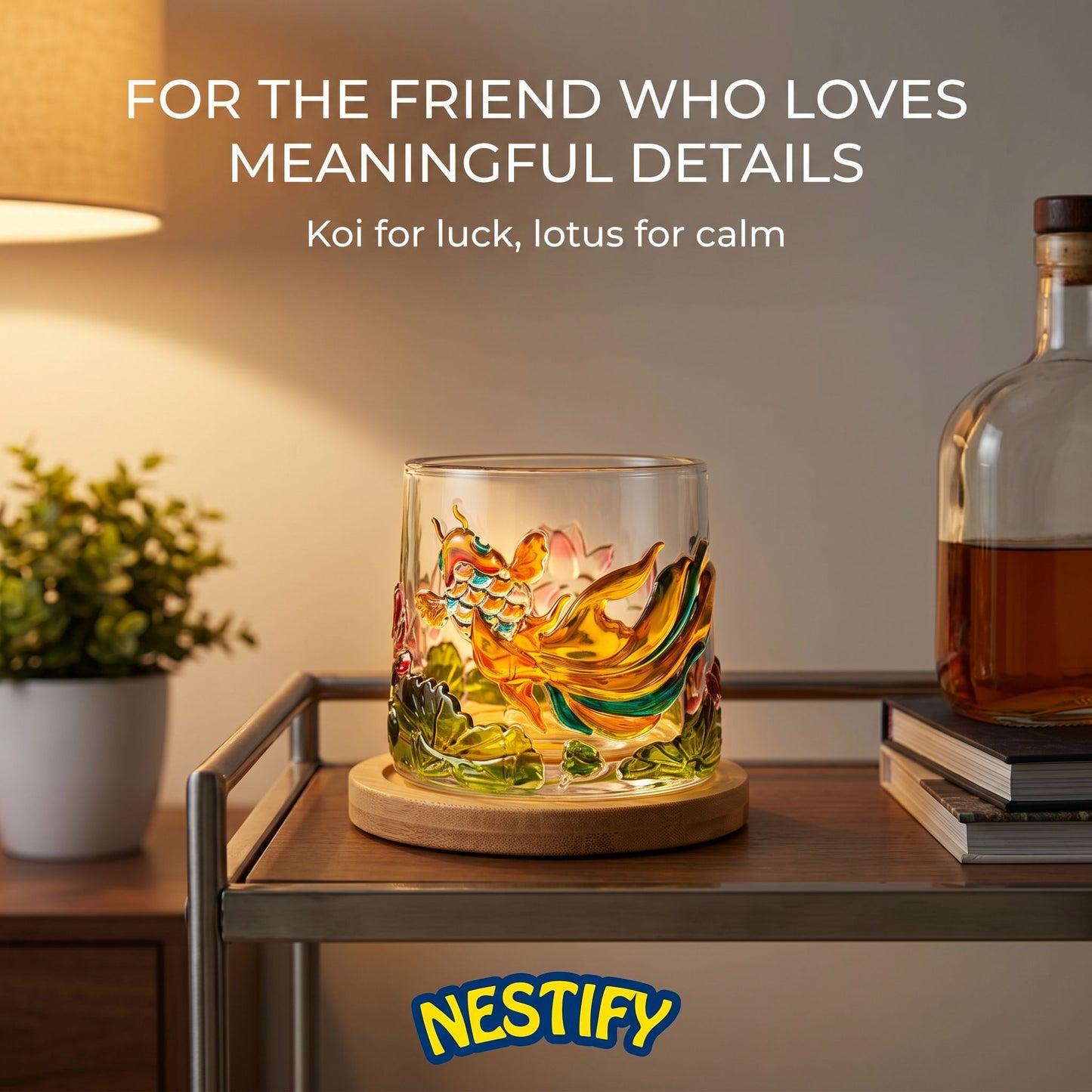 Nestify Koi Fish Lotus Rotatable Glass Mug – Embossed Whiskey & Cocktail Cup