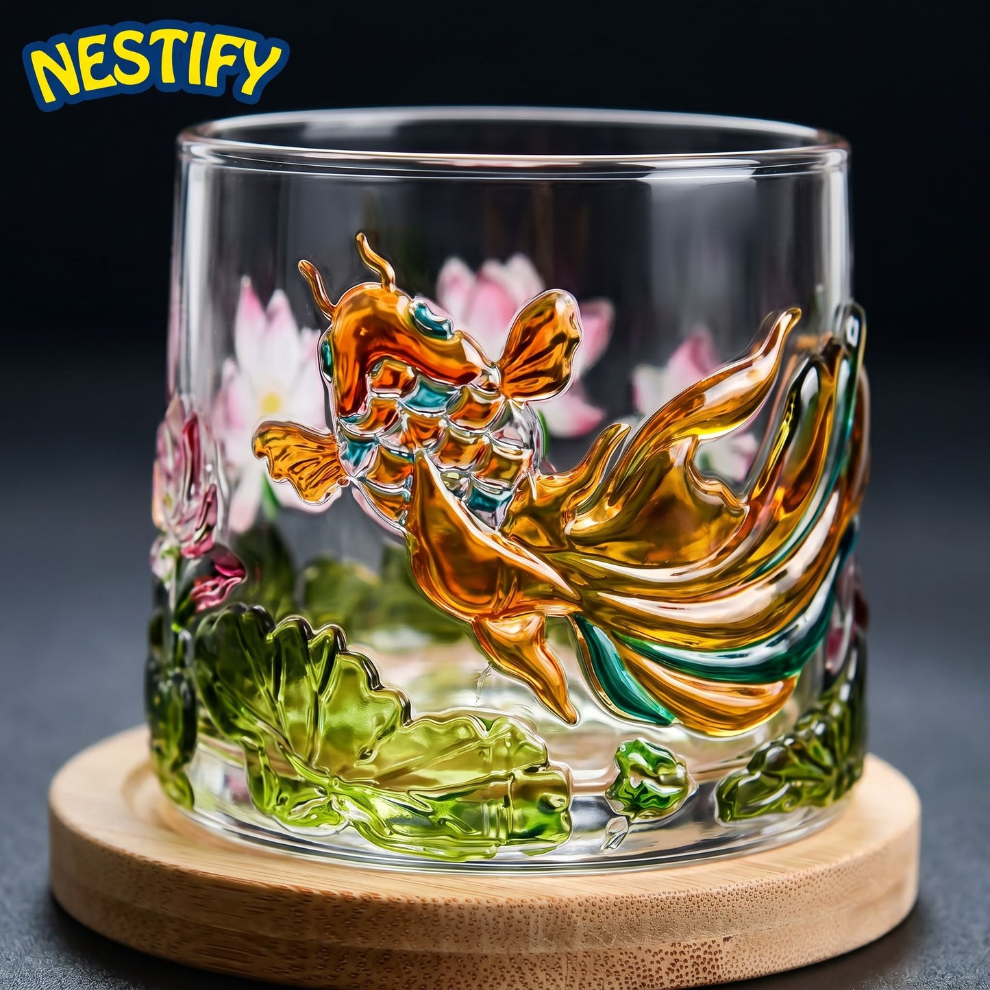 Nestify Koi Fish Lotus Rotatable Glass Mug – Embossed Whiskey & Cocktail Cup