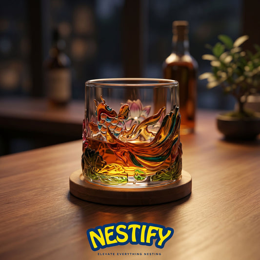 Nestify Koi Fish Lotus Rotatable Glass Mug – Embossed Whiskey & Cocktail Cup