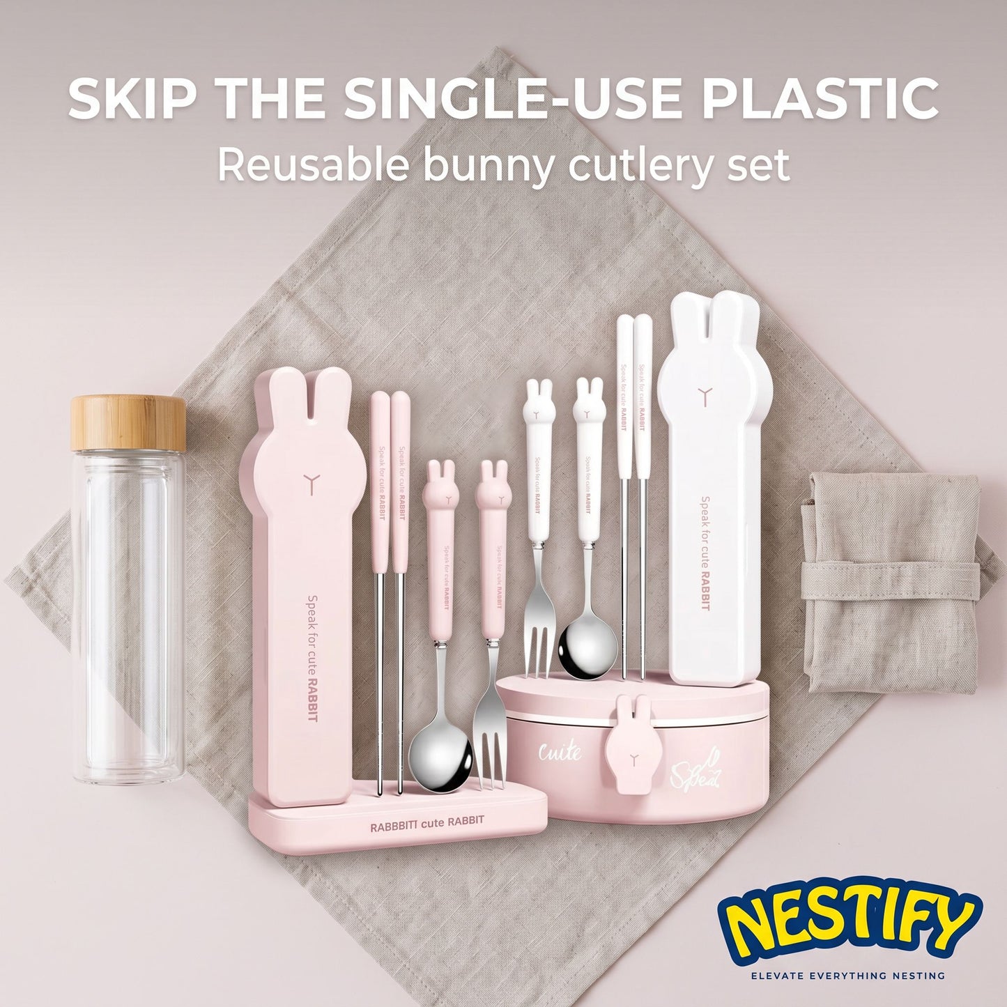 Nestify Bunny Portable Cutlery Set – Stainless Steel Kids & Travel Utensils