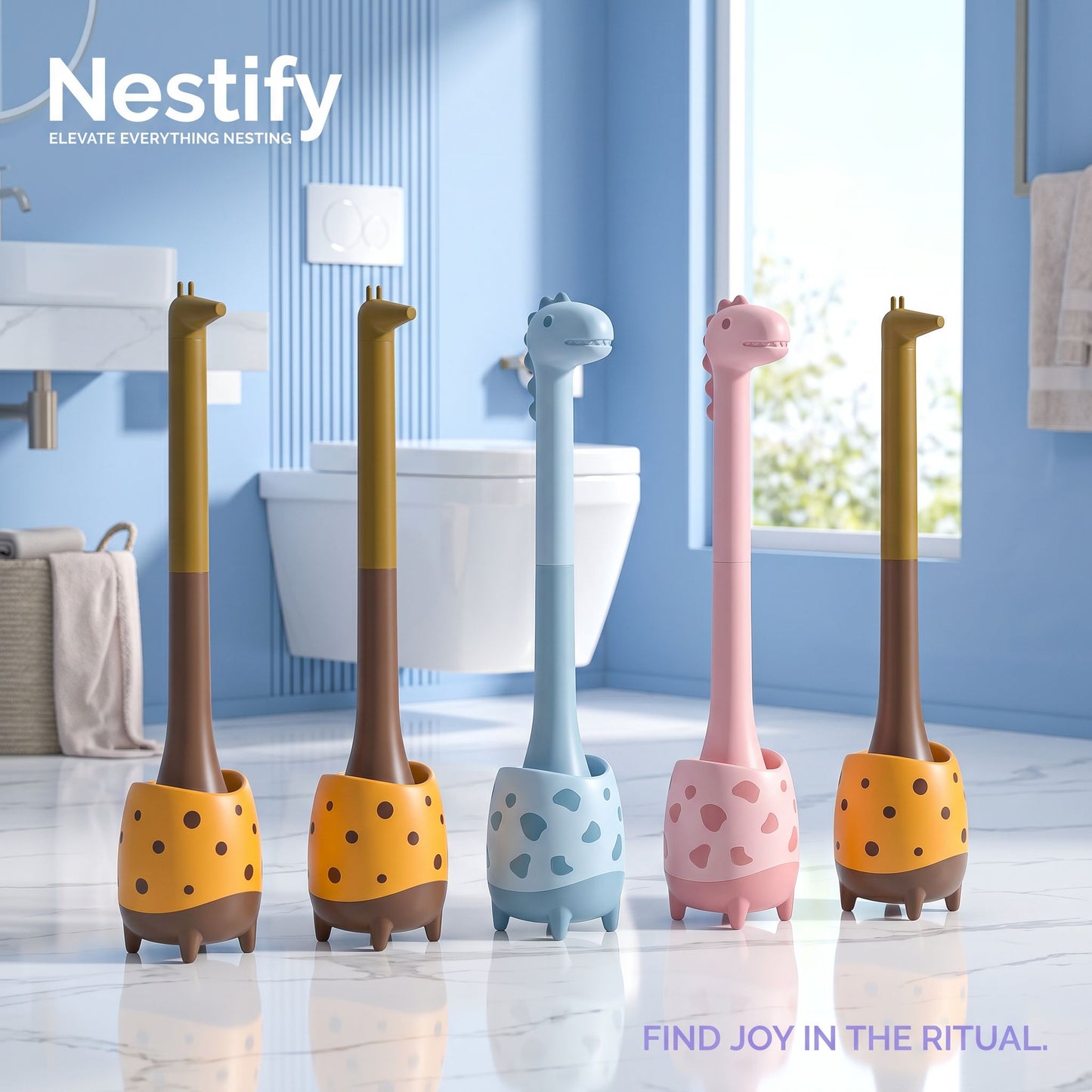 Nestify Cute Dinosaur Giraffe Toilet Brush with Holder | Cartoon Bathroom Cleaner & Decor