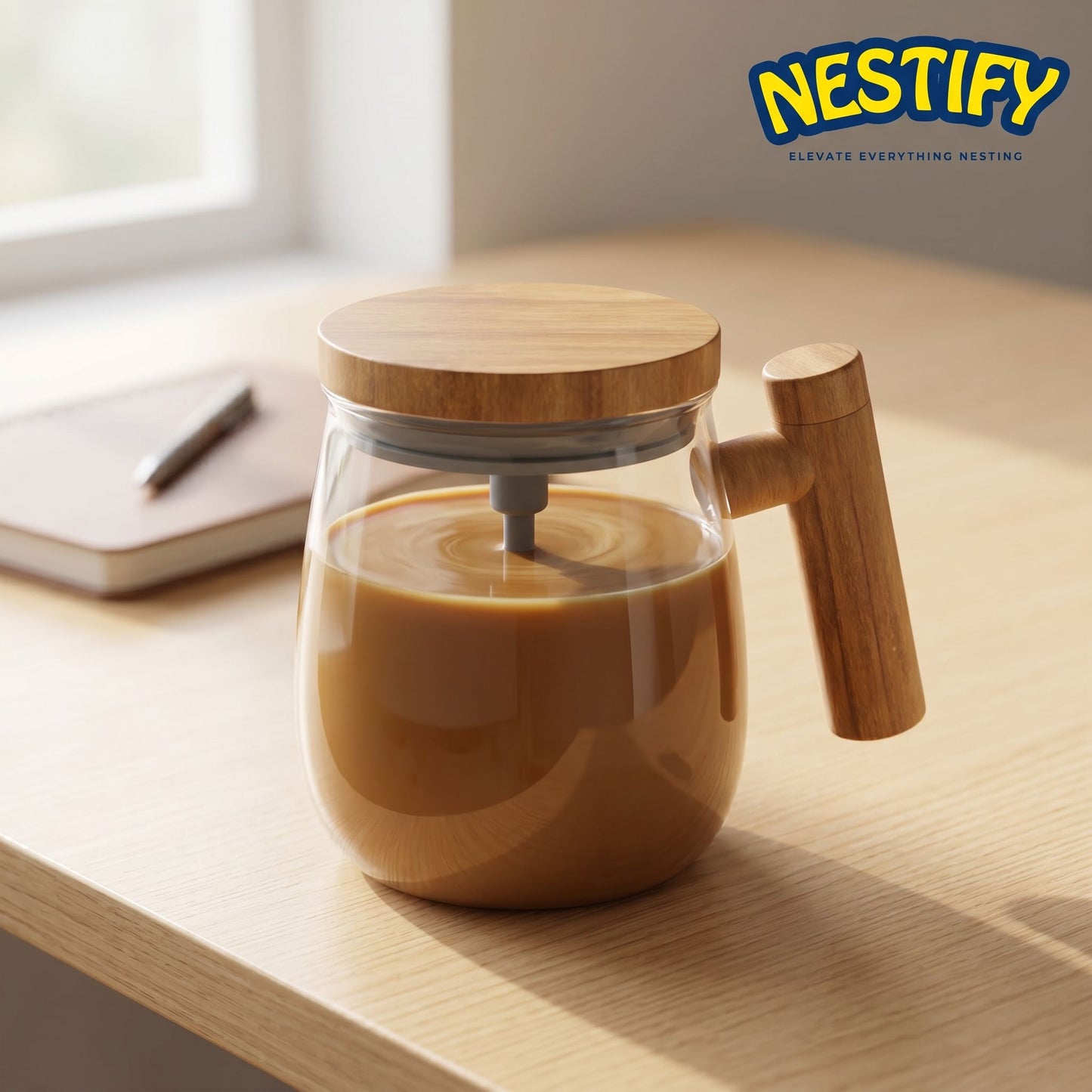 Nestify Self‑Stirring Glass Coffee Mug