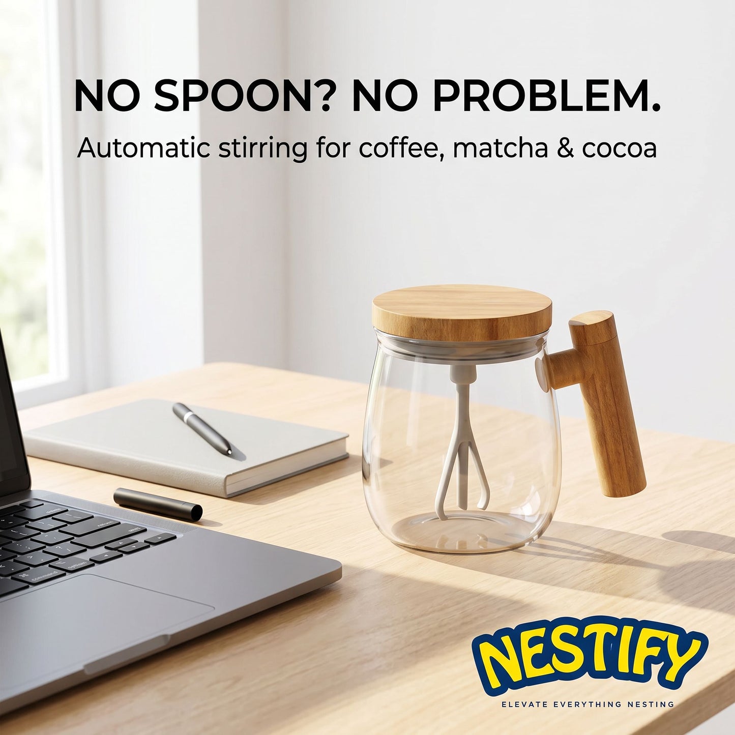 Nestify Self‑Stirring Glass Coffee Mug