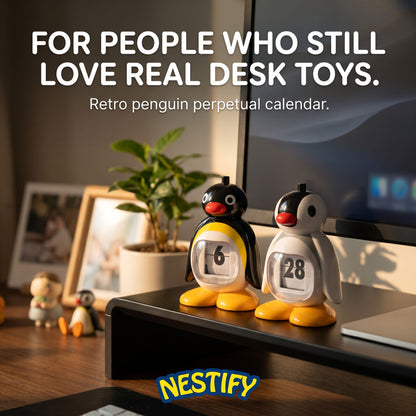 Nestify Pingu Penguin Retro Desk Calendar – Perpetual Press‑Type Figurine