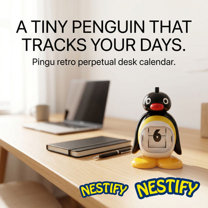 Nestify Pingu Penguin Retro Desk Calendar – Perpetual Press‑Type Figurine
