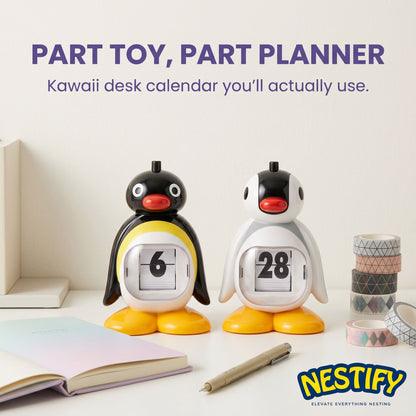 Nestify Pingu Penguin Retro Desk Calendar – Perpetual Press‑Type Figurine