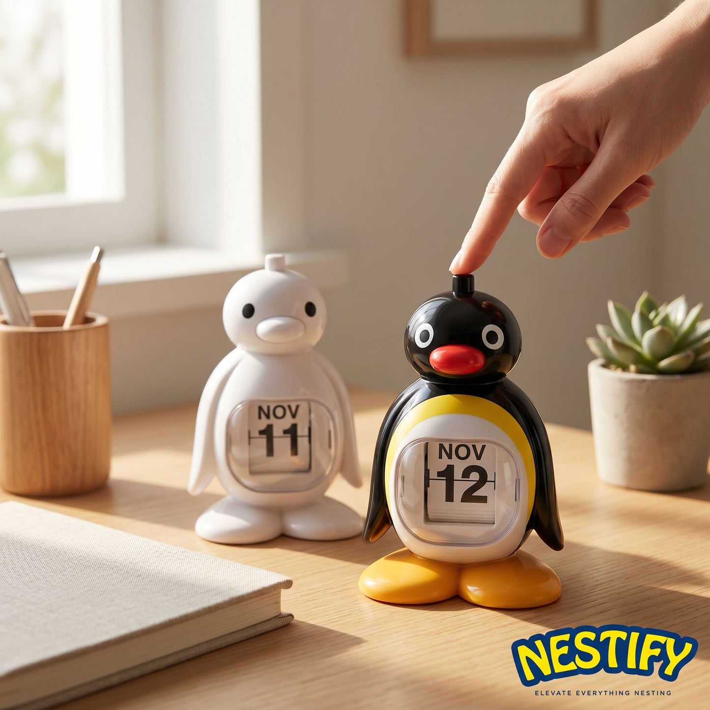 Nestify Pingu Penguin Retro Desk Calendar – Perpetual Press‑Type Figurine