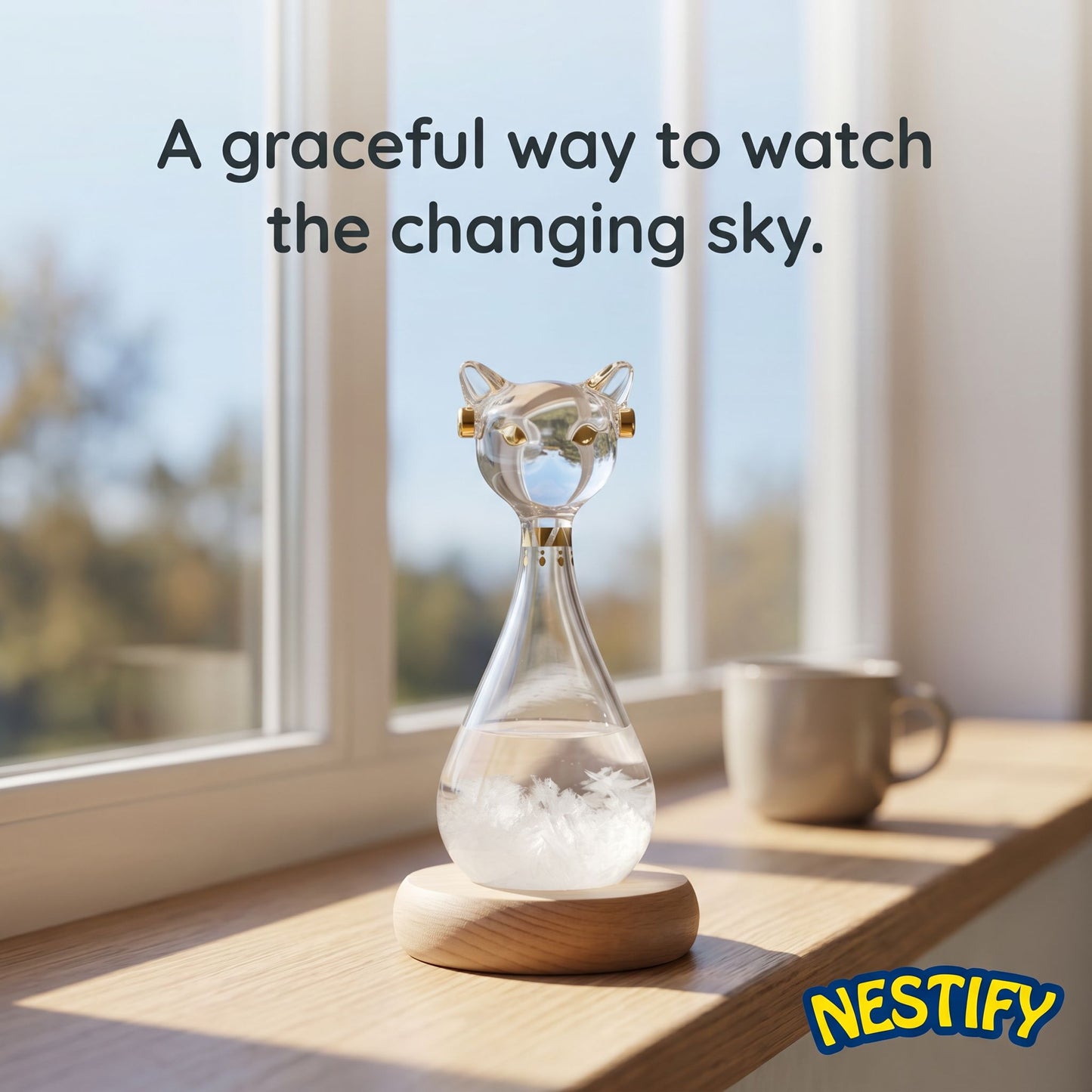 Egyptian Cat Storm Glass – Weather Forecast Crystal Ornament on Wood Base