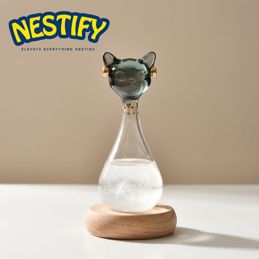 Egyptian Cat Storm Glass – Weather Forecast Crystal Ornament on Wood Base