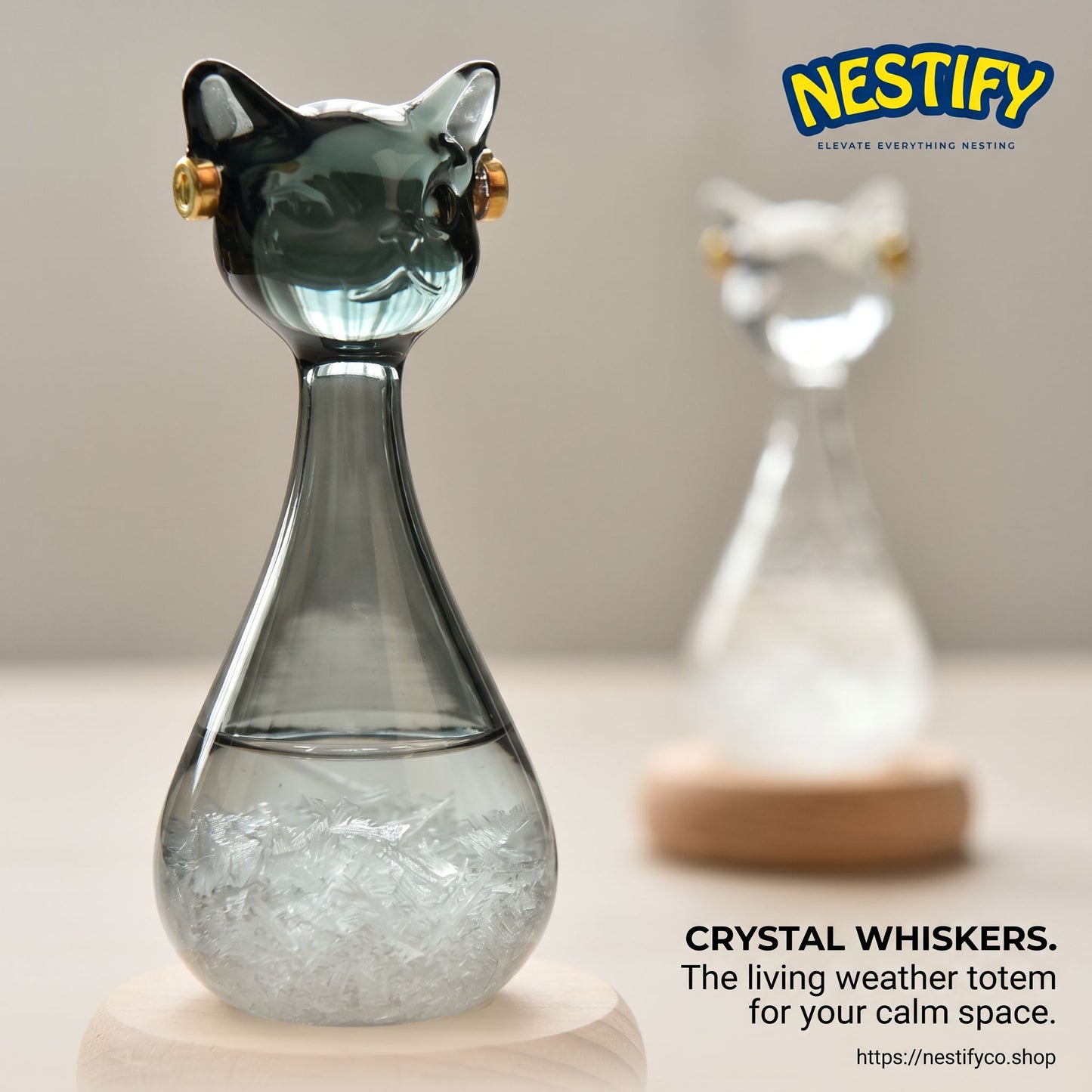Egyptian Cat Storm Glass – Weather Forecast Crystal Ornament on Wood Base