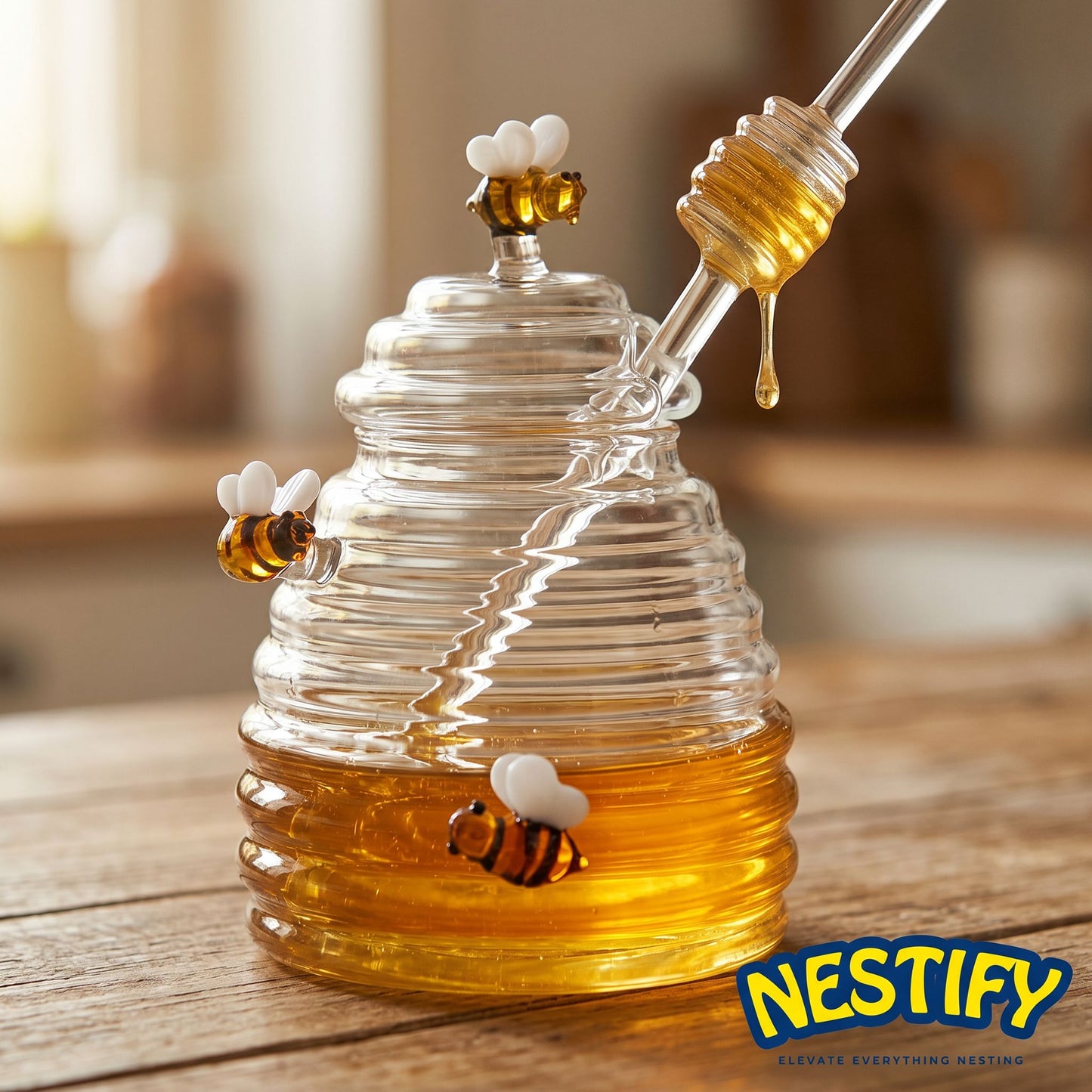 Nestify™ Glass Honey Jar with Bee Dipper & Lid (14oz)