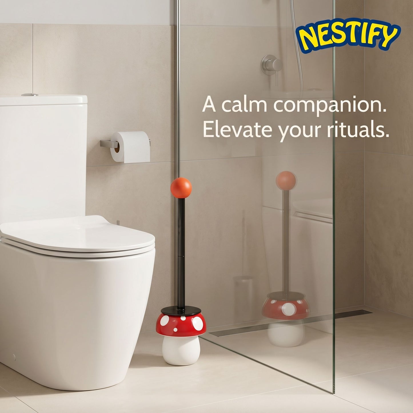 Mushroom Toilet Brush with Holder – Cute Modern Bathroom Cleaner | Playful Design | Deep Clean & Easy Storage