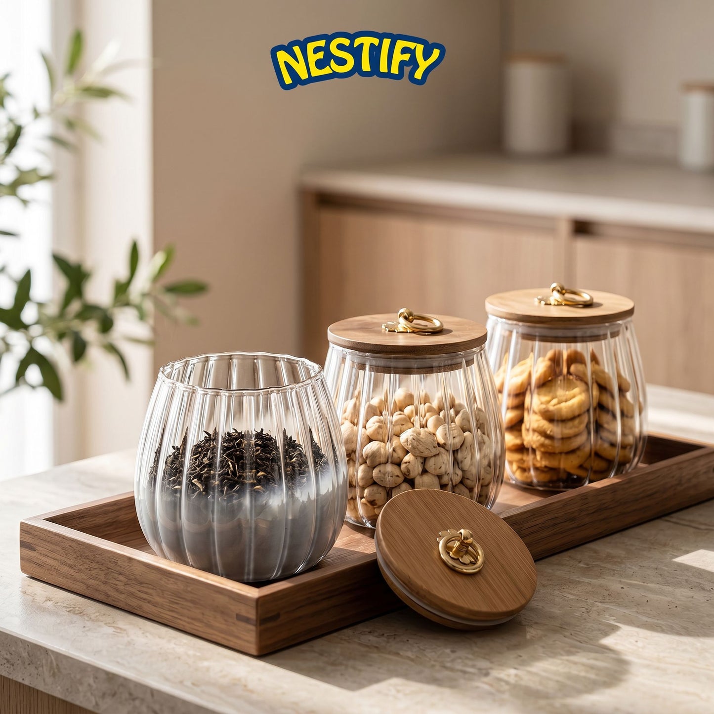 Nestify™ Floral Glass Sealed Jar – Striped Large‑Capacity Kitchen Decor