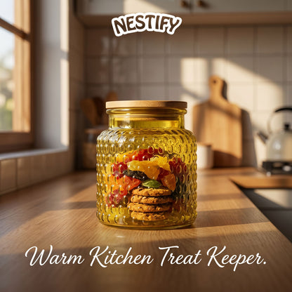 Nestify™ Vintage Embossed Begonia Flower Glass Jar – Retro Sealed Storage with Bamboo Lid
