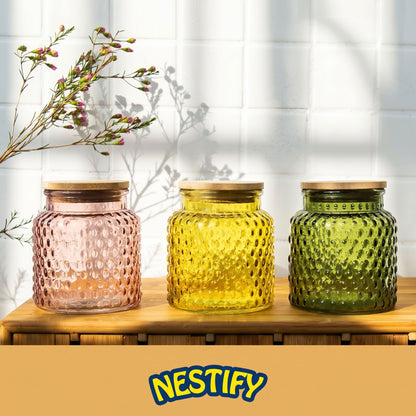 Nestify™ Vintage Embossed Begonia Flower Glass Jar – Retro Sealed Storage with Bamboo Lid