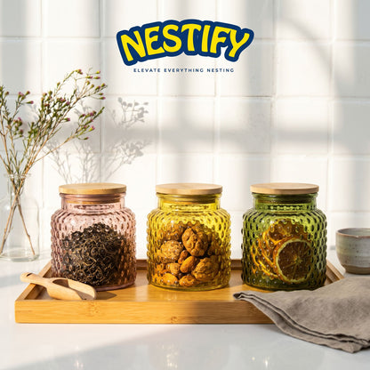 Nestify™ Vintage Embossed Begonia Flower Glass Jar – Retro Sealed Storage with Bamboo Lid