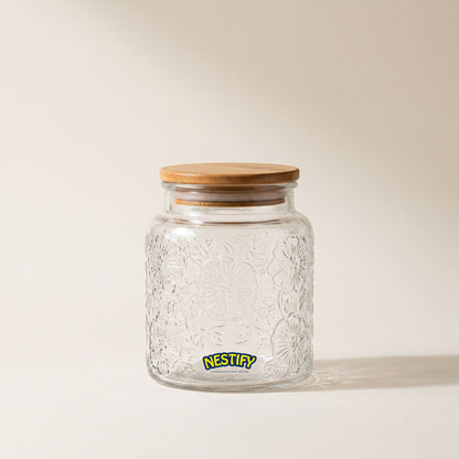 Nestify™ Vintage Embossed Begonia Flower Glass Jar – Retro Sealed Storage with Bamboo Lid
