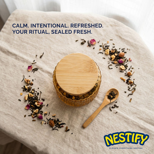 Nestify™ Vintage Embossed Begonia Flower Glass Jar – Retro Sealed Storage with Bamboo Lid