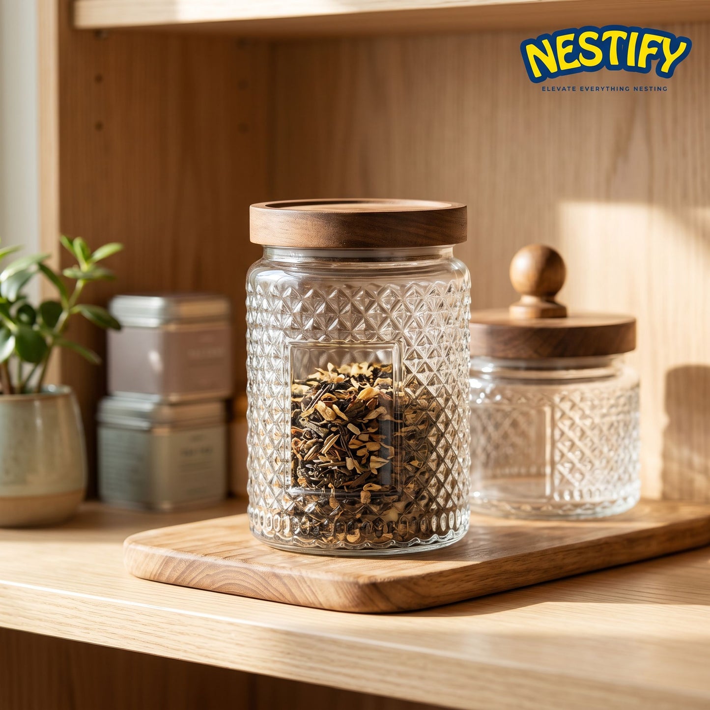 Nestify™ Vintage Embossed Glass Storage Jar | Sealed Tea Container with Wooden Lid