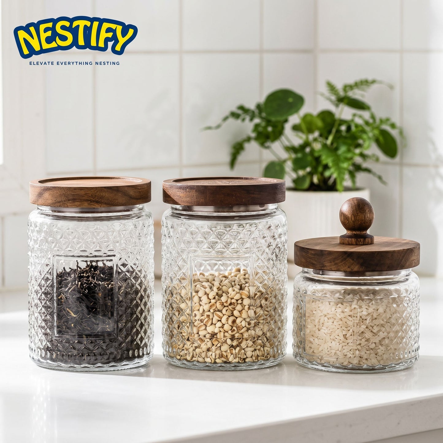Nestify™ Vintage Embossed Glass Storage Jar | Sealed Tea Container with Wooden Lid