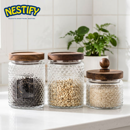 Nestify™ Vintage Embossed Glass Storage Jar | Sealed Tea Container with Wooden Lid