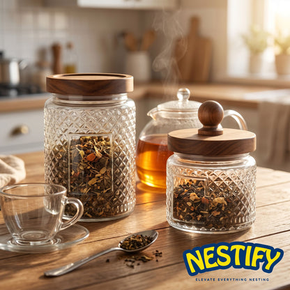 Nestify™ Vintage Embossed Glass Storage Jar | Sealed Tea Container with Wooden Lid