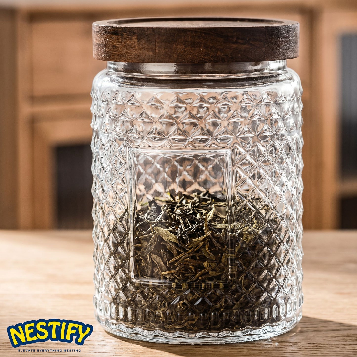 Nestify™ Vintage Embossed Glass Storage Jar | Sealed Tea Container with Wooden Lid