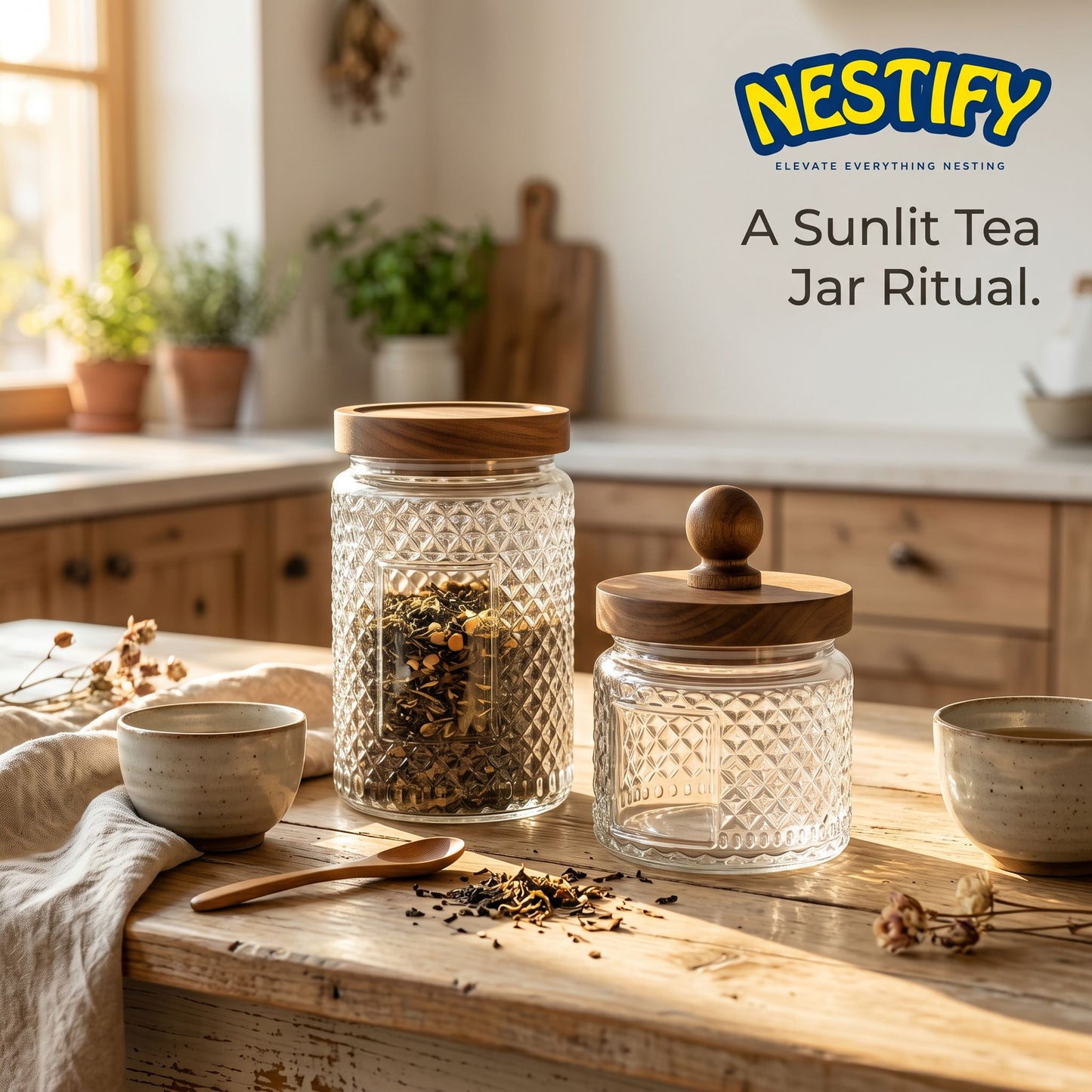 Nestify™ Vintage Embossed Glass Storage Jar | Sealed Tea Container with Wooden Lid
