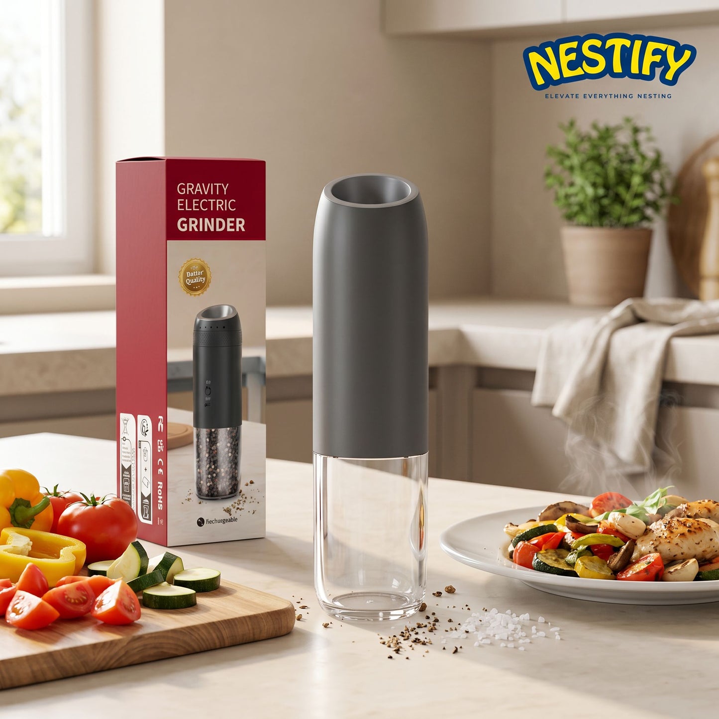 Nestify Gravity-Sensor Electric Pepper Grinder Set – Automatic Spice Mill Duo