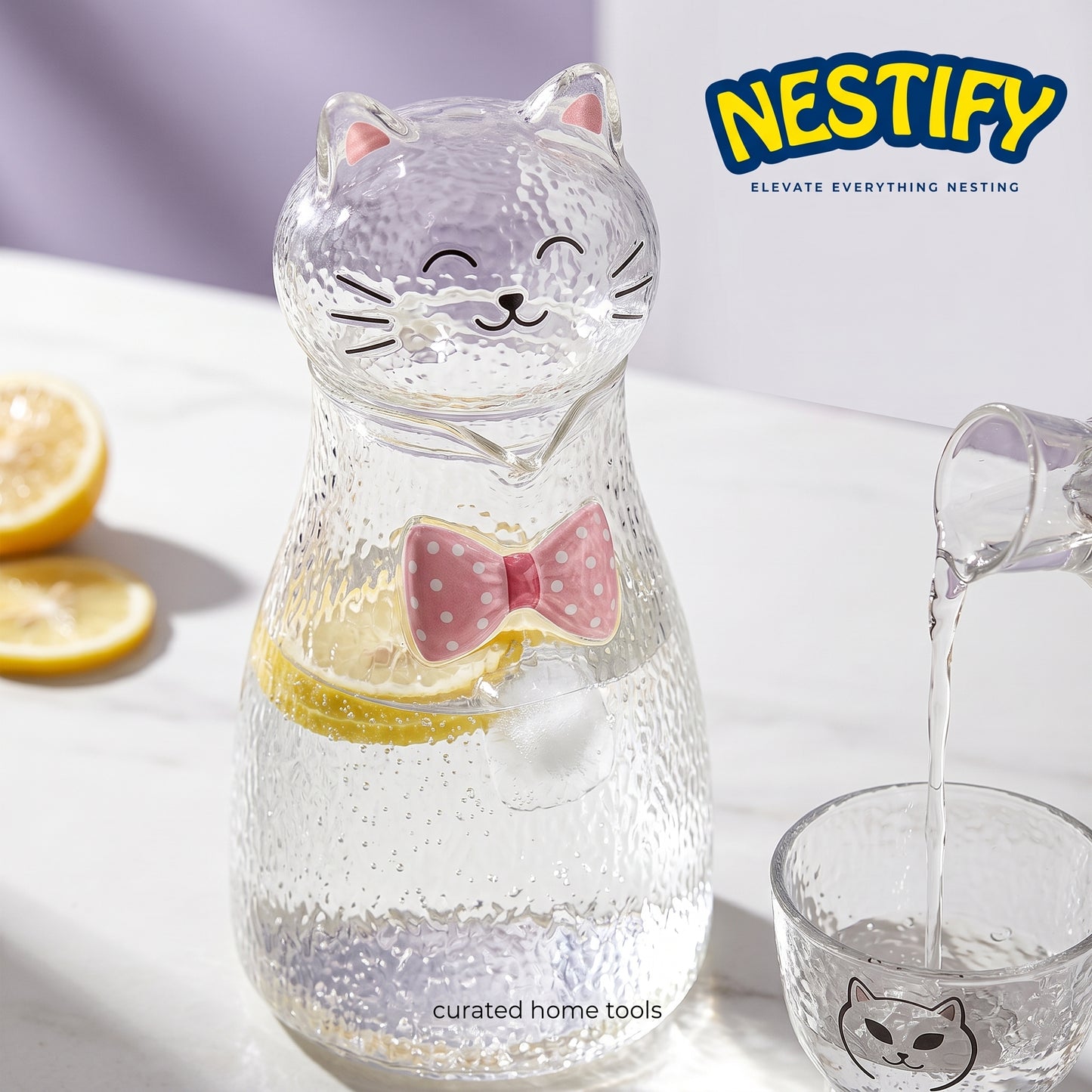 Nestify™ Cute Cat Hammered Glass Water Jug – 1800ml Heat‑Resistant Pitcher with Bow‑Tie Design