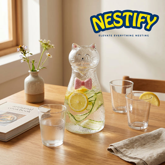 Nestify™ Cute Cat Hammered Glass Water Jug – 1800ml Heat‑Resistant Pitcher with Bow‑Tie Design