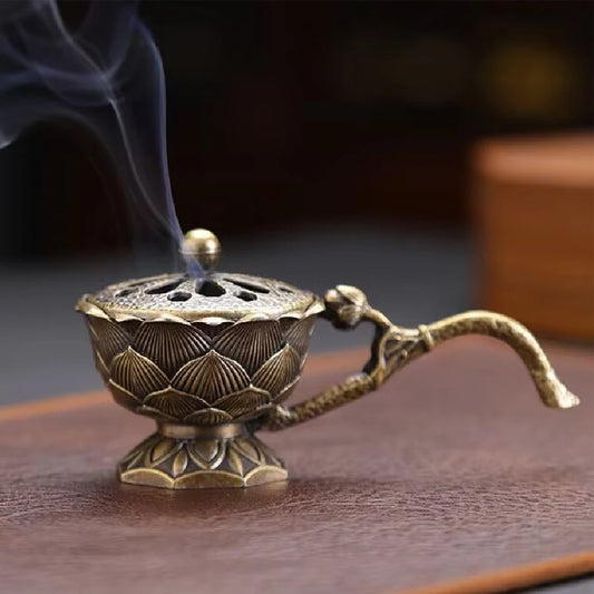 Vintage Lotus Incense Burner with Lid – Handheld Alloy Aromatherapy Holder