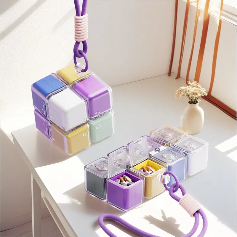 Rubik’s Cube 8-Grid Pill Organizer – Folding Magnetic Moisture-Proof Medicine Box | Portable Travel Pill Case