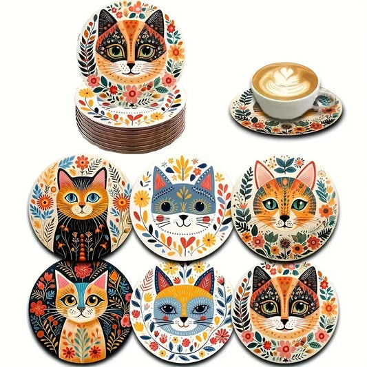 Cat-Themed Wood Coaster Set